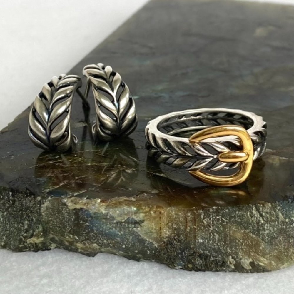 Sterling Silver 925 Gold Vermeil Belt Buckle Ring & Half Hoop Earrings Set 6.5
